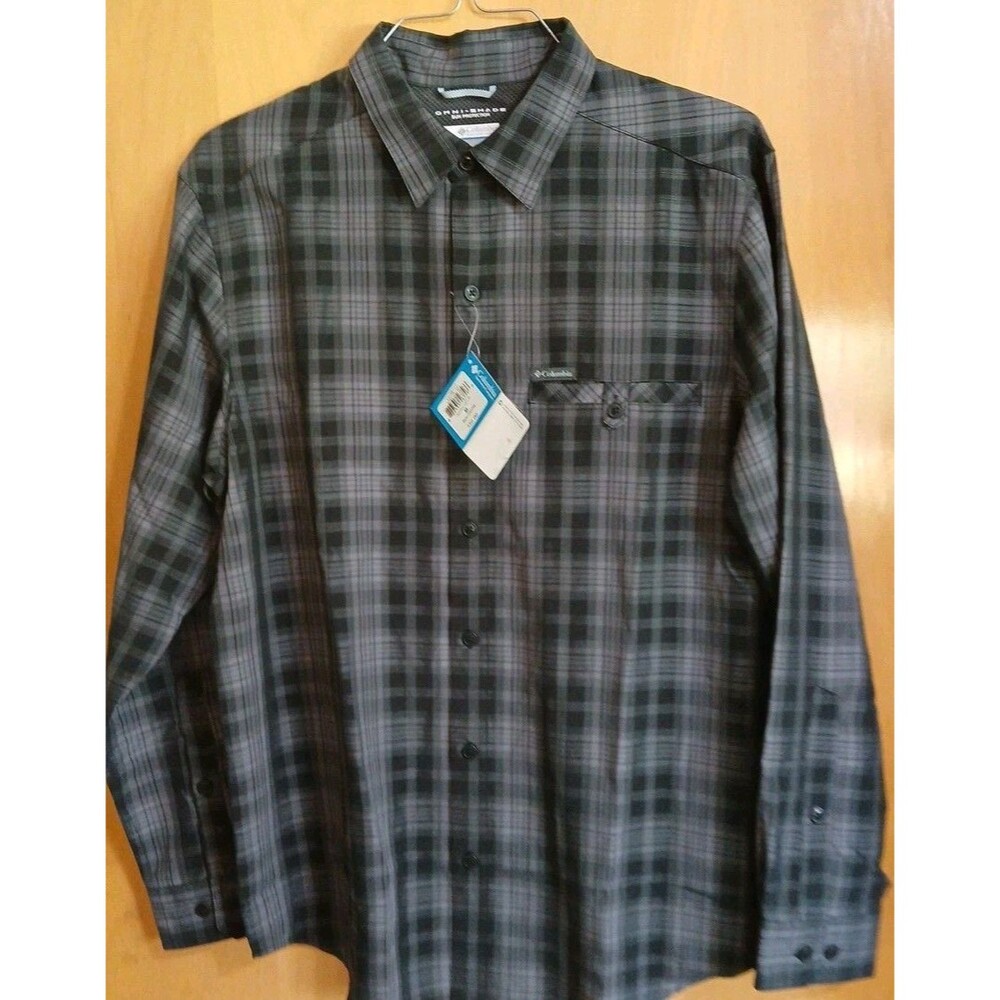 Columbia Omni-Shade Shirt Mens M Gray Plaid L.S. Sun Protection Outdoor Hiking M